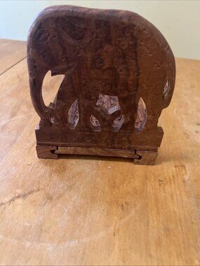 Vintage Carved Sliding Bookends Elephants Adjustable Bohemian Wood Book Holder